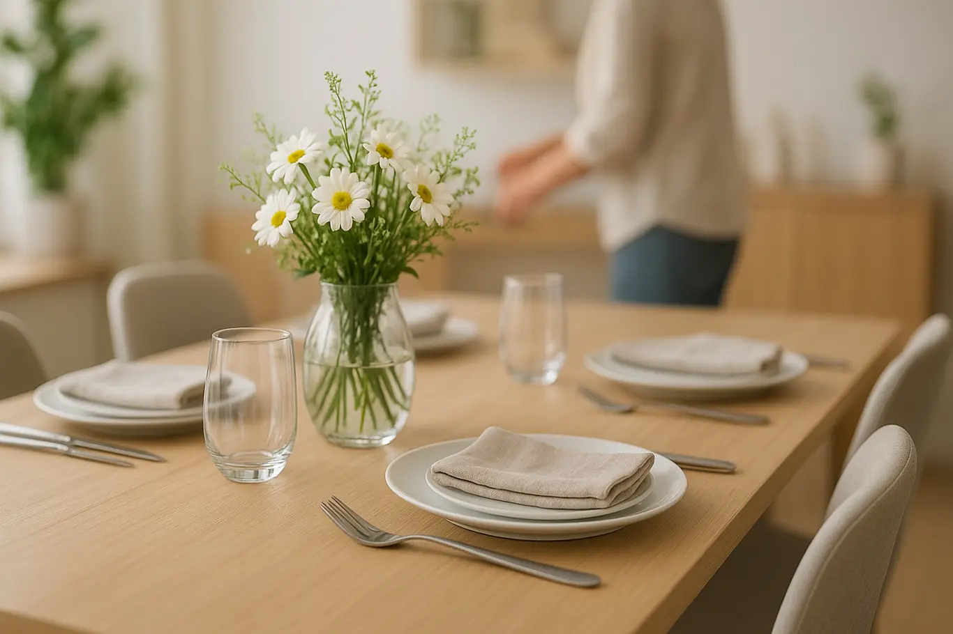 mesa posta facil ambiente moderno minimalista Mesa de jantar posta com louças brancas minimalistas, talheres inox, copos transparentes e arranjo floral simples em ambiente moderno