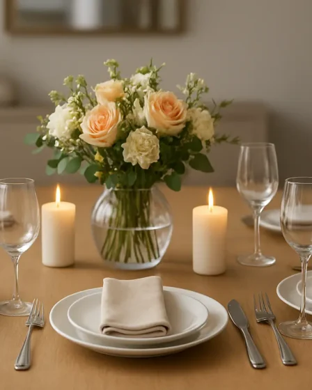 mesa posta facil decoracao elegante Mesa de jantar arrumada com pratos brancos, talheres de aço inox, copos de vidro transparentes, guardanapos bege dobrados e centro com flores frescas e velas acesas