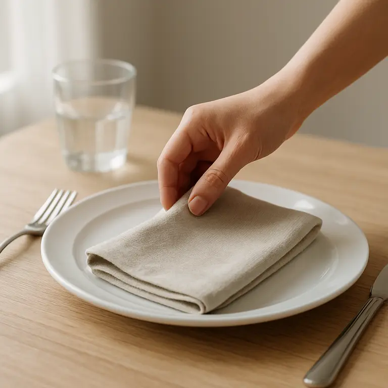 mesa posta facil guardanapo linho Mesa de jantar com mão ajustando guardanapo de linho sobre prato branco com talheres de inox e copo de vidro ao fundo
