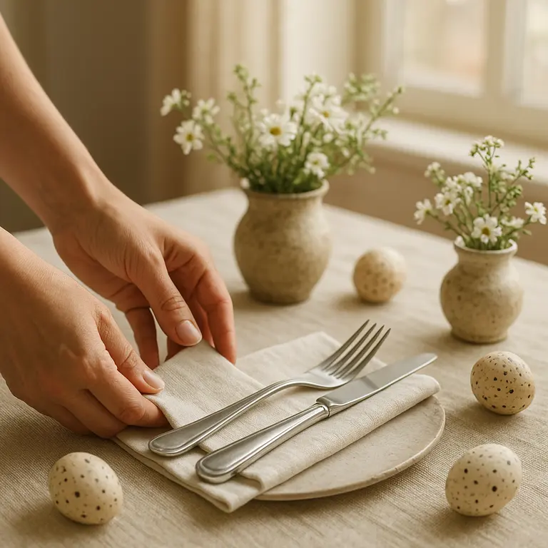 Mãos organizando talheres sobre guardanapo claro com ovos decorativos e flores naturais em vaso rústico na mesa posta de Páscoa