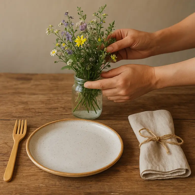 Mesa rústica com prato de cerâmica artesanal, talheres de bambu e guardanapo de linho, mãos ajustando arranjo de flores silvestres em vaso de vidro reciclado