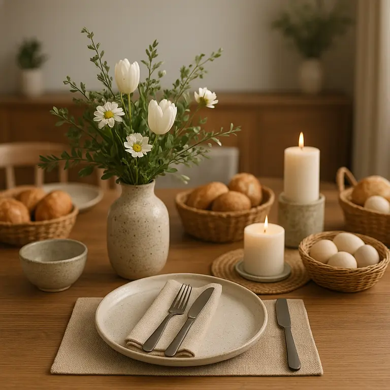 Mesa posta decorada para Páscoa com detalhes em elementos naturais e sustentável