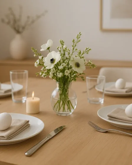 mesa posta pascoa elegante economica Mesa de jantar posta para a Páscoa com pratos brancos, talheres inox, copos de vidro e flores naturais