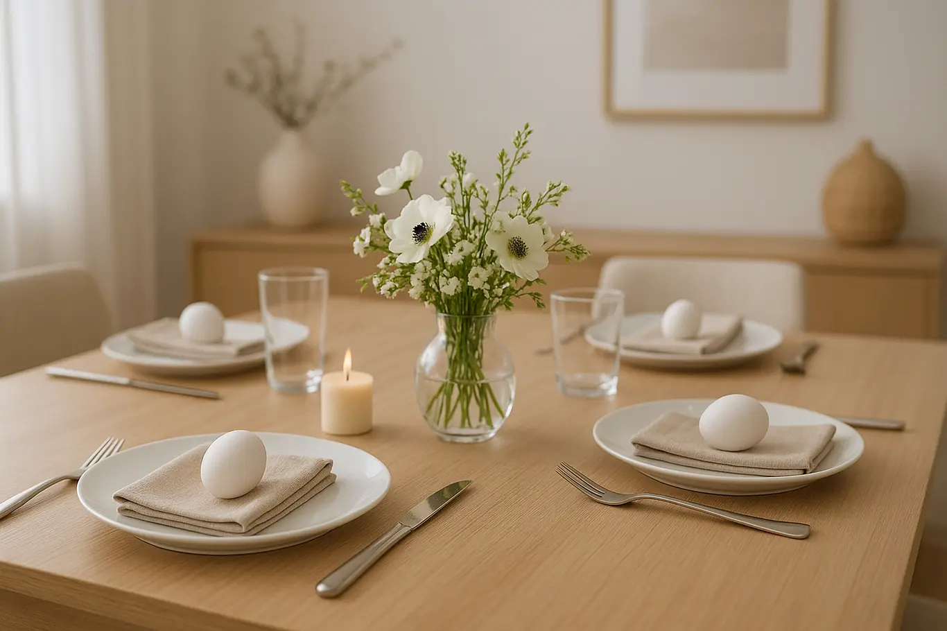 mesa posta pascoa elegante economica Mesa de jantar posta para a Páscoa com pratos brancos, talheres inox, copos de vidro e flores naturais