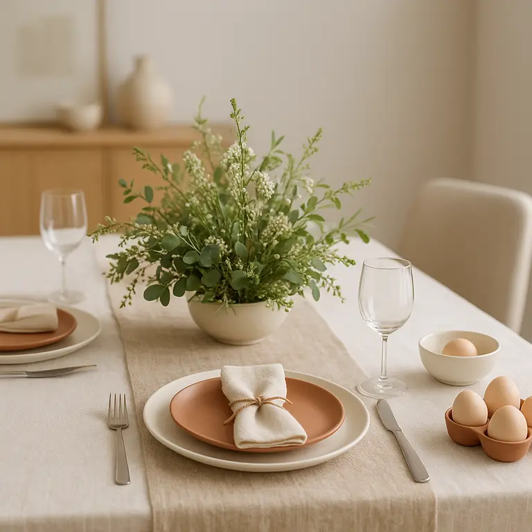 Mesa posta elegante para Páscoa com toalha bege e caminho de mesa natural, centro com vegetação fresca, louças minimalistas distribuídas, ambiente moderno desfocado