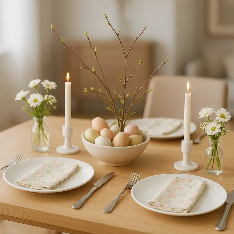 Mesa posta de Páscoa com guardanapos estampados pratos brancos talheres prateados vasos com flores e velas brancas em castiçais sobre superfície de madeira clara