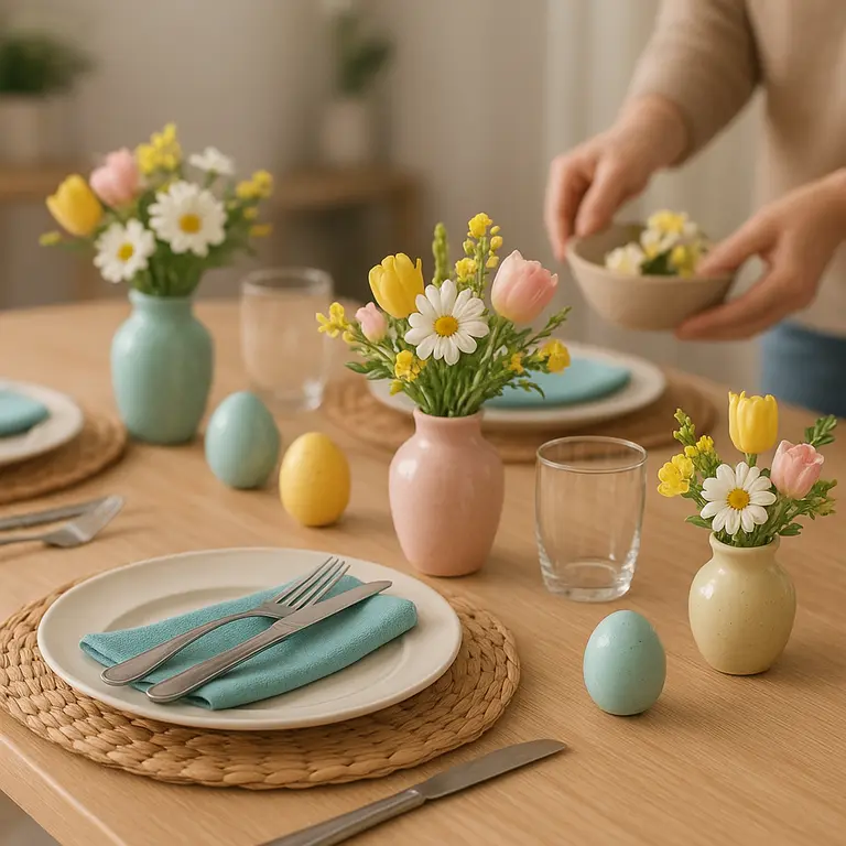Mesa posta de páscoa decorada com itens acessíveis e coloridos