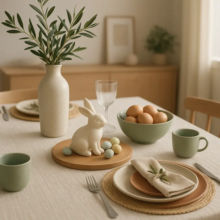 Mesa posta de Páscoa com louça de cerâmica mate, caminho de mesa em linho e decoração em madeira clara em ambiente doméstico elegante