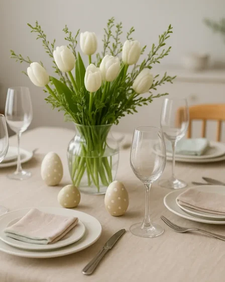 mesa posta pascoa mercado livre Mesa posta de Páscoa com louças brancas, taças de vidro, guardanapos pastéis e arranjo floral central