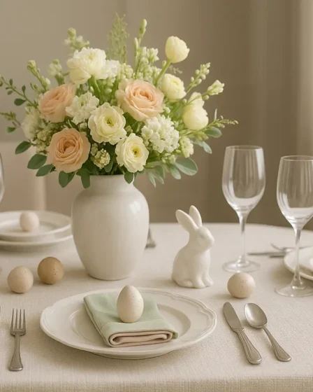 mesa posta pascoa shopee elegante sofisticada Mesa posta de Páscoa com louças brancas, guardanapos pastel, arranjo floral e decoração temática sobre toalha clara