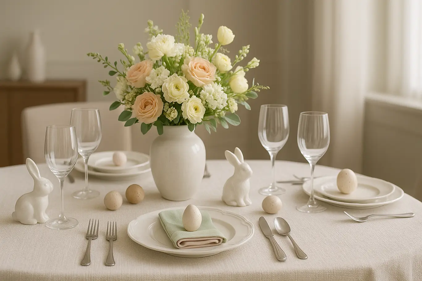 mesa posta pascoa shopee elegante sofisticada Mesa posta de Páscoa com louças brancas, guardanapos pastel, arranjo floral e decoração temática sobre toalha clara