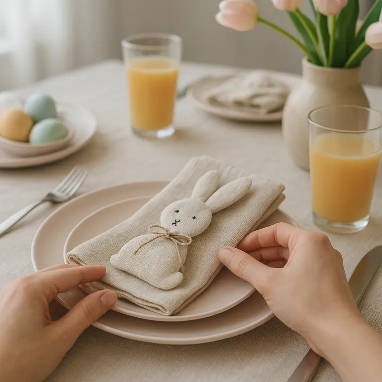 Mesa posta de Páscoa com guardanapos decorados com coelhinhos, pratos, talheres, copos transparentes e mãos ajustando os guardanapos