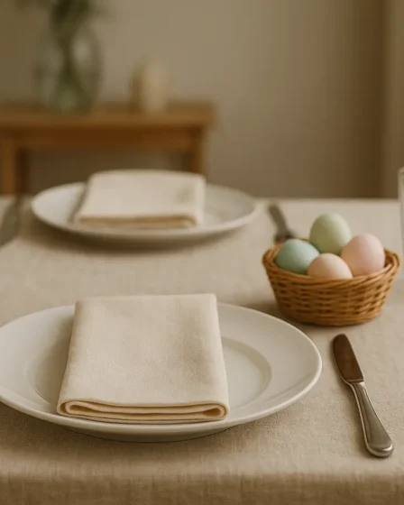 mesa posta pascoa simples elegante Mesa posta para Páscoa com pratos brancos, talheres inox, guardanapos claros e ovos em cestinhos de vime sobre toalha de linho bege