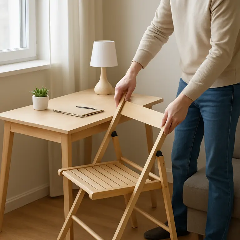 Pessoa organizando mesa compacta de madeira clara com cadeira dobrável em sala pequena moderna
