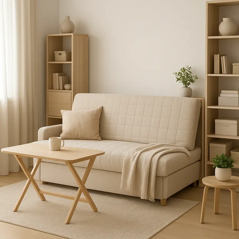 Sala de estar pequena com móveis flexíveis e parede em cores claras