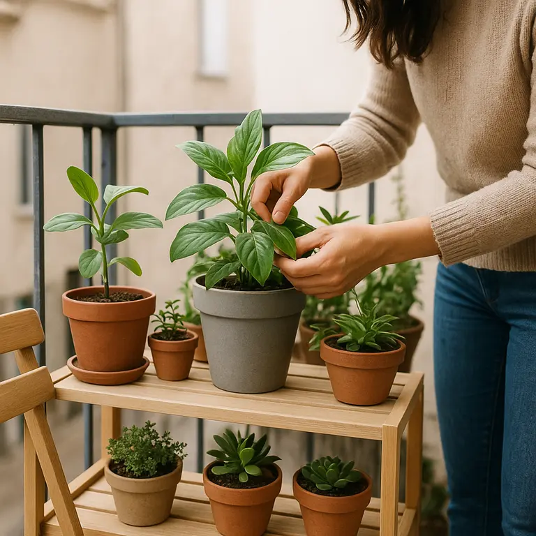 Mulher arrumando vasos de plantas variadas em varanda pequena com móveis compactos de madeira clara
