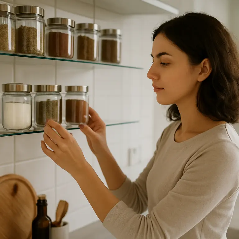 Mulher organizando potes de temperos em prateleiras de vidro na cozinha pequena moderna