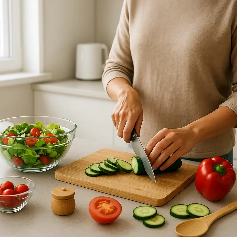 Mulher adulta cortando legumes em bancada de cozinha clean moderna com eletrodomésticos minimalistas ao fundo