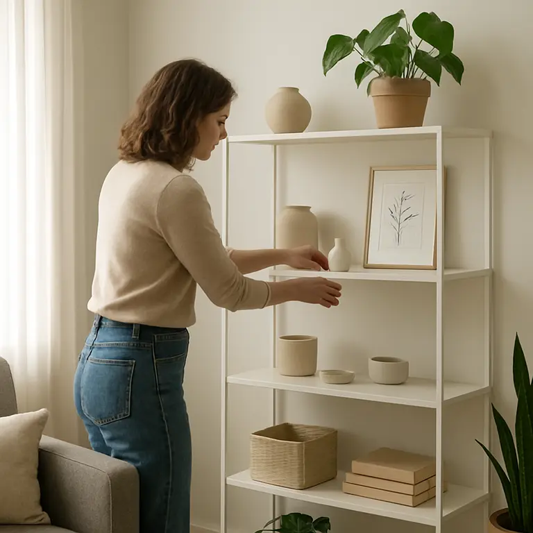 Pessoa organizando prateleiras modulares compactas em sala pequena com objetos decorativos e plantas