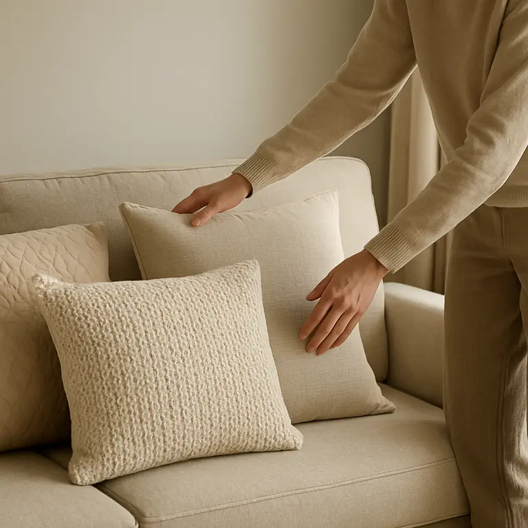 Pessoa organizando almofadas texturizadas em sofá compacto de sala pequena com iluminação natural