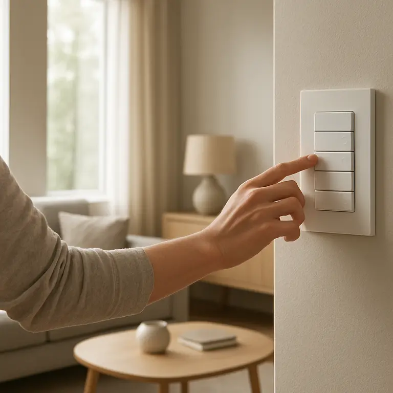 Pessoa ajustando painel de controle de iluminação em sala moderna com móveis minimalistas e grandes janelas