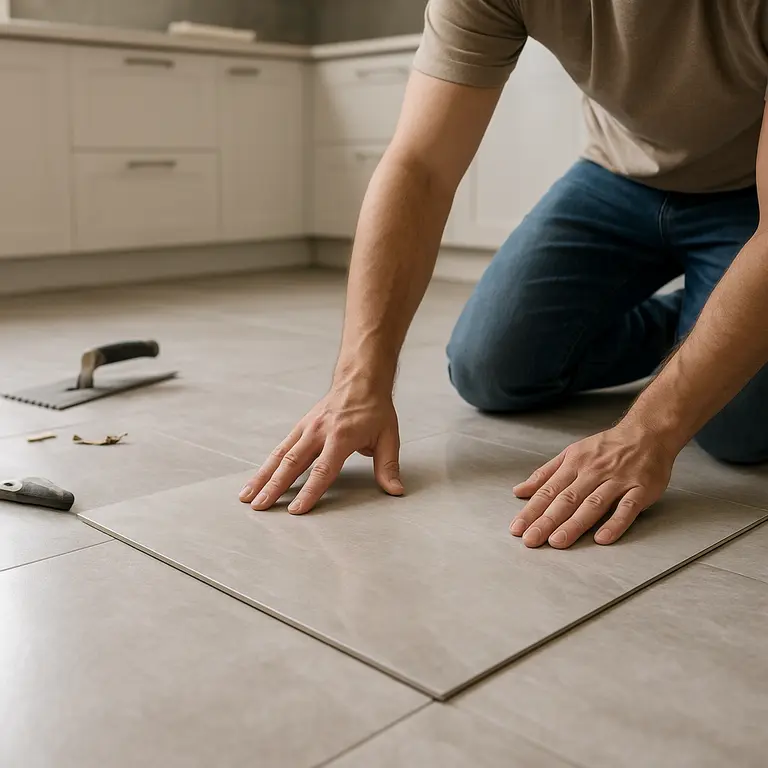 Pessoa posicionando peças de porcelanato no piso de cozinha moderna com ferramentas ao redor