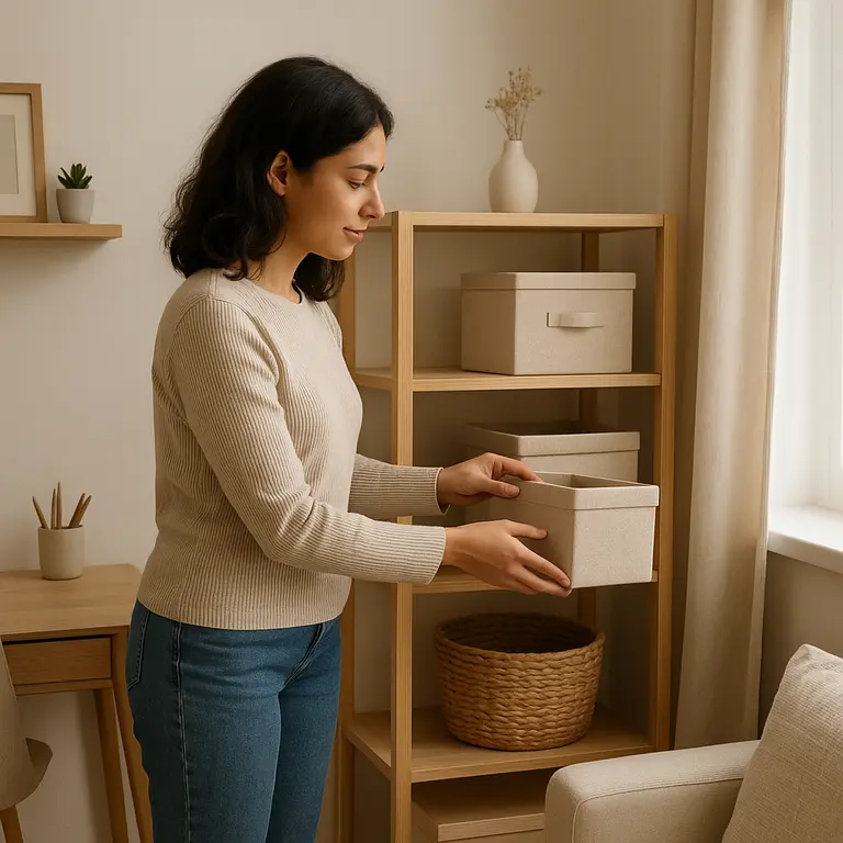 Pessoa organizando prateleiras em sala pequena com móveis multifuncionais de madeira clara