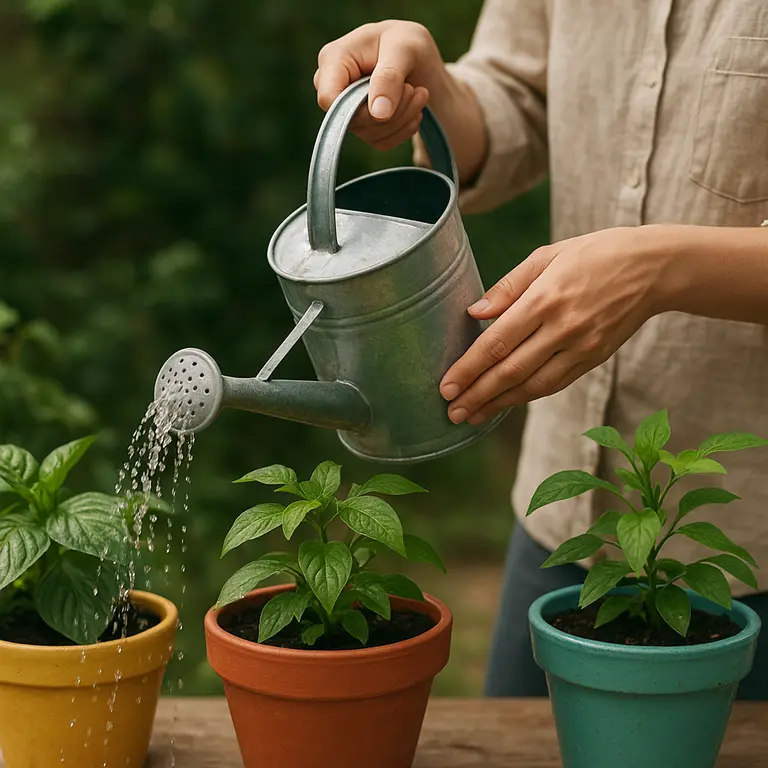 Pessoa regando plantas em vasos de cerâmica coloridos no jardim
