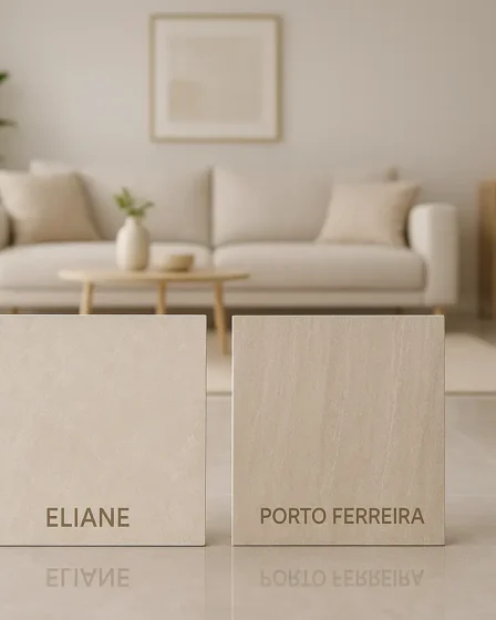 piso eliane porto ferreira sala moderna Sala de estar moderna com piso de porcelanato e duas amostras de piso Eliane e Porto Ferreira em destaque