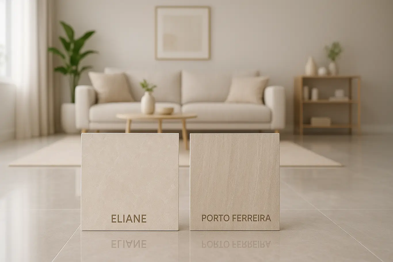 piso eliane porto ferreira sala moderna Sala de estar moderna com piso de porcelanato e duas amostras de piso Eliane e Porto Ferreira em destaque