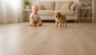 Chao moderno residencial bem limpo com crianca e pet ao fundo desfocado