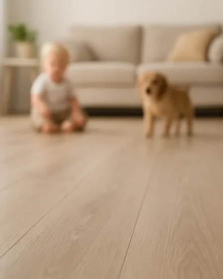 piso facil limpar crianca pet Chao moderno residencial bem limpo com crianca e pet ao fundo desfocado