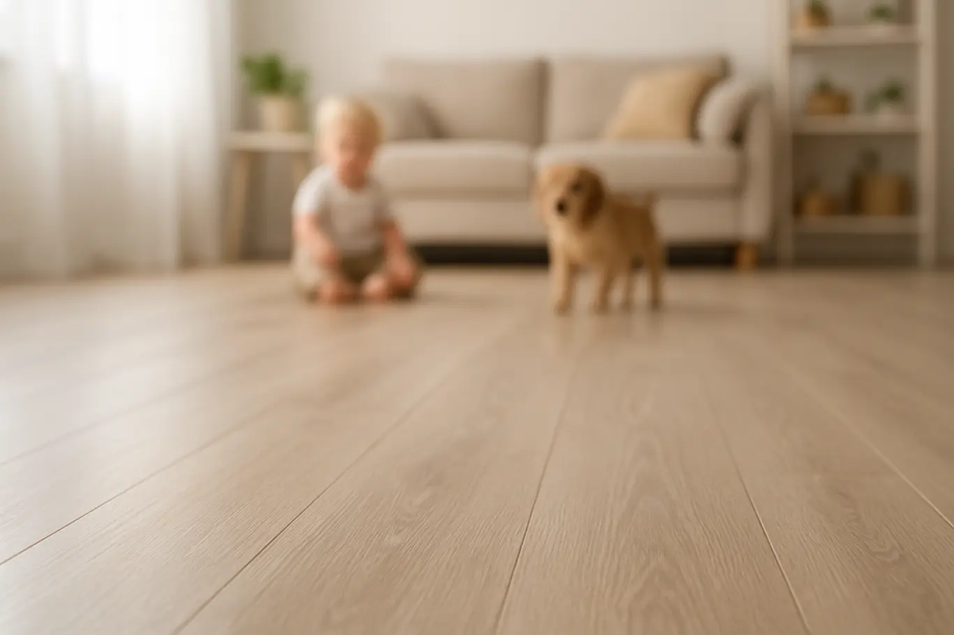 piso facil limpar crianca pet Chao moderno residencial bem limpo com crianca e pet ao fundo desfocado