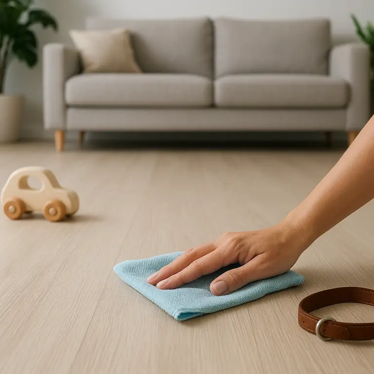 Piso claro e limpo em sala com brinquedos de criança e um pet