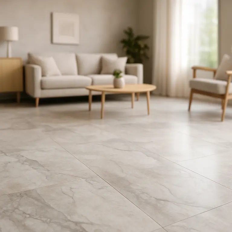 Sala moderna com piso grande formato marmorizado madeira clara e cimento queimado