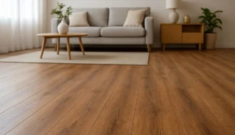 Piso doméstico que imita madeira em porcelanato vinílico ou laminado com textura detalhada em sala de estar moderna