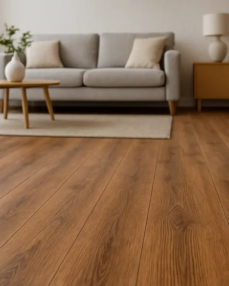 piso imitando madeira sala estar moderna Piso doméstico que imita madeira em porcelanato vinílico ou laminado com textura detalhada em sala de estar moderna