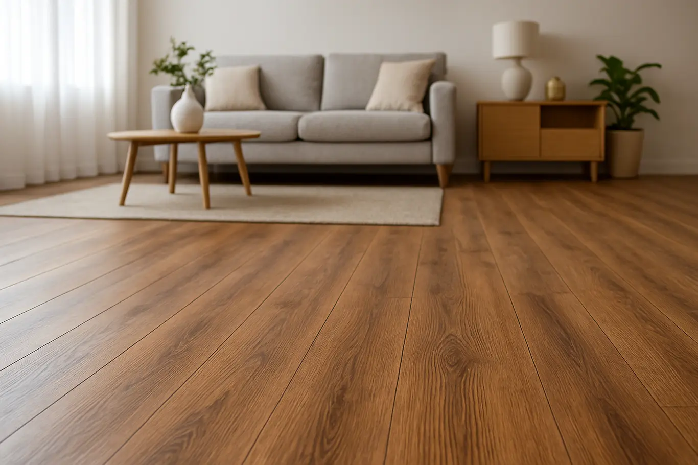 piso imitando madeira sala estar moderna Piso doméstico que imita madeira em porcelanato vinílico ou laminado com textura detalhada em sala de estar moderna