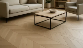 Piso de madeira clara com padrão geométrico em sala de estar contemporânea