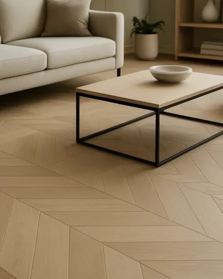 piso madeira clara geometrico sala Piso de madeira clara com padrão geométrico em sala de estar contemporânea