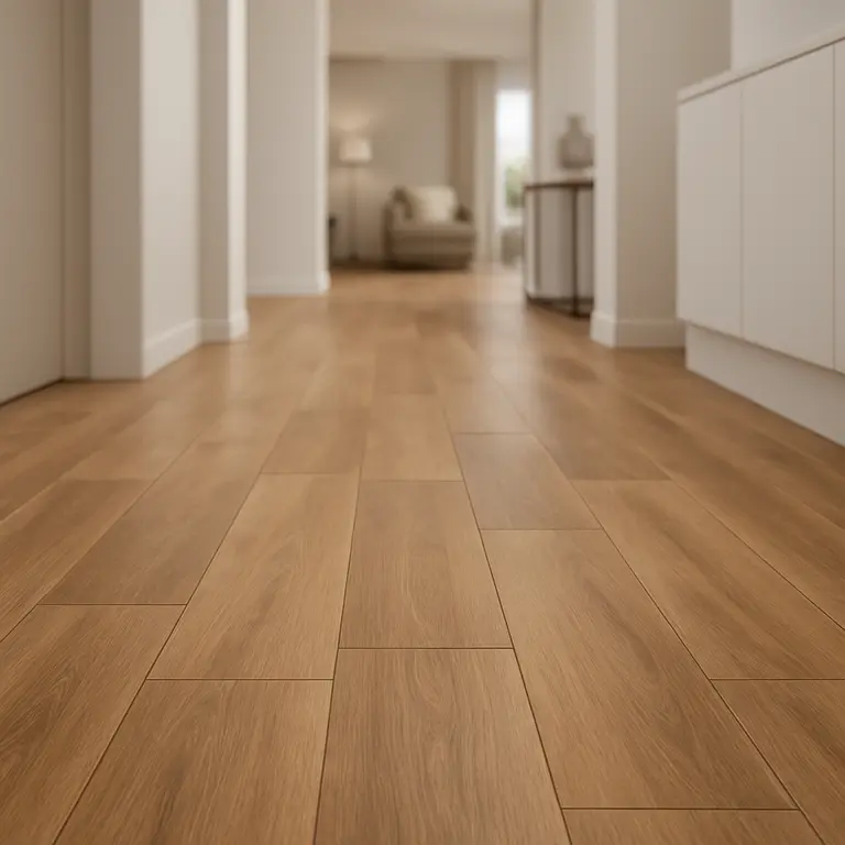 Corredor moderno com piso porcelanato que imita madeira em textura natural e cores quentes