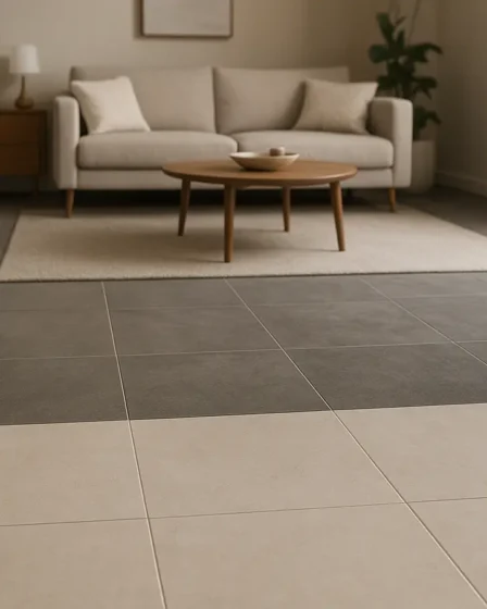 piso portobello e roca sala estar Sala de estar elegante com piso dividido entre Portobello e Roca