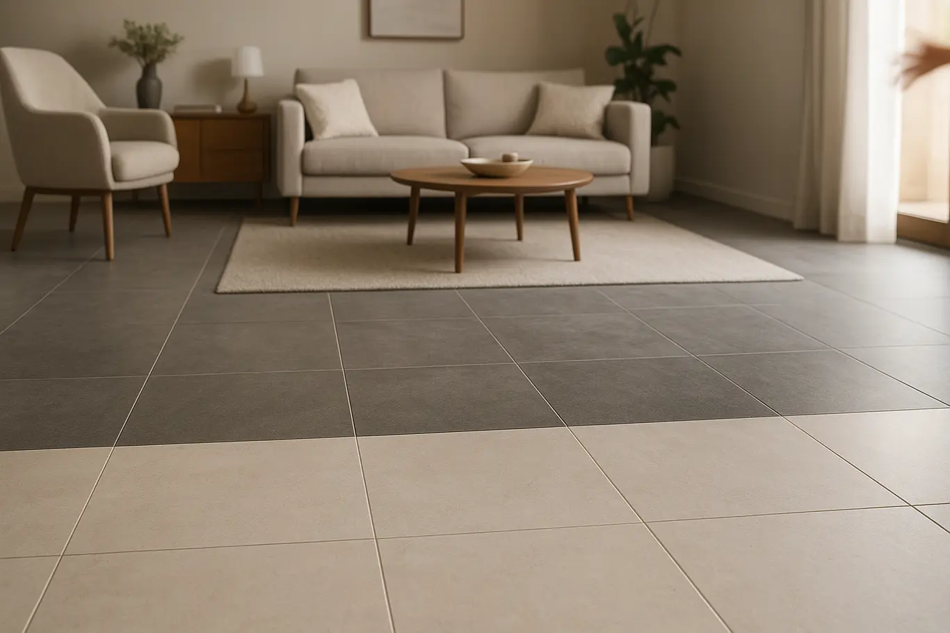 piso portobello e roca sala estar Sala de estar elegante com piso dividido entre Portobello e Roca