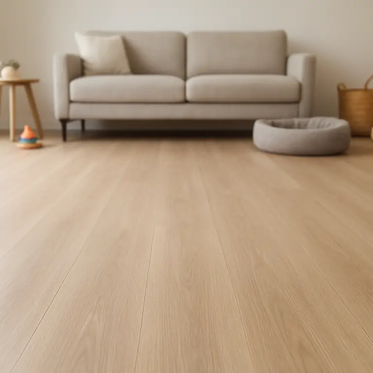 Sala de estar moderna com piso vinílico marrom claro texturizado e brinquedos de criança e acessórios para pet ao fundo desfocados