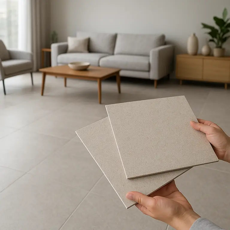 Sala de estar moderna com piso porcelanato europeu de alta qualidade em tons neutros e móveis contemporâneos ao fundo