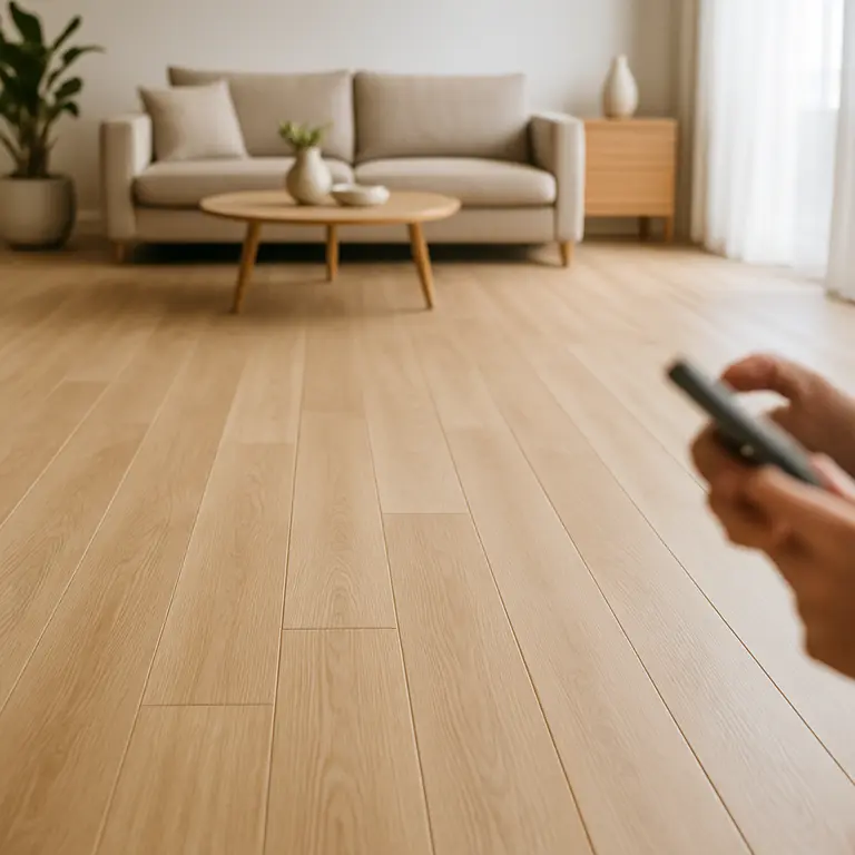 Sala moderna com piso em madeira clara e móveis minimalistas