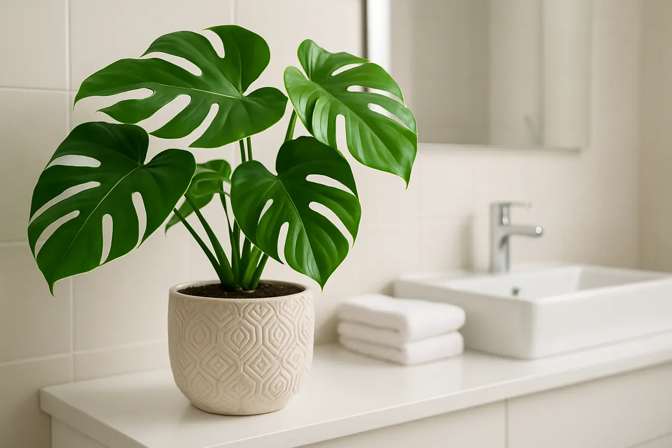 planta tropical vaso banheiro moderno Planta tropical verde vibrante em vaso branco sobre prateleira em banheiro moderno com bancada e toalhas organizadas