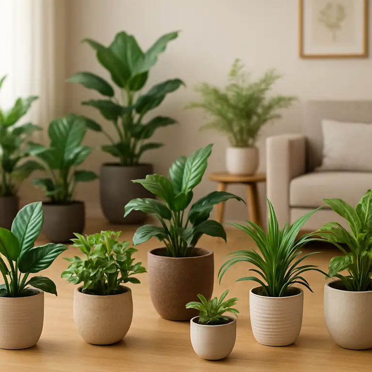 Sala decorada com plantas variadas em vasos modernos