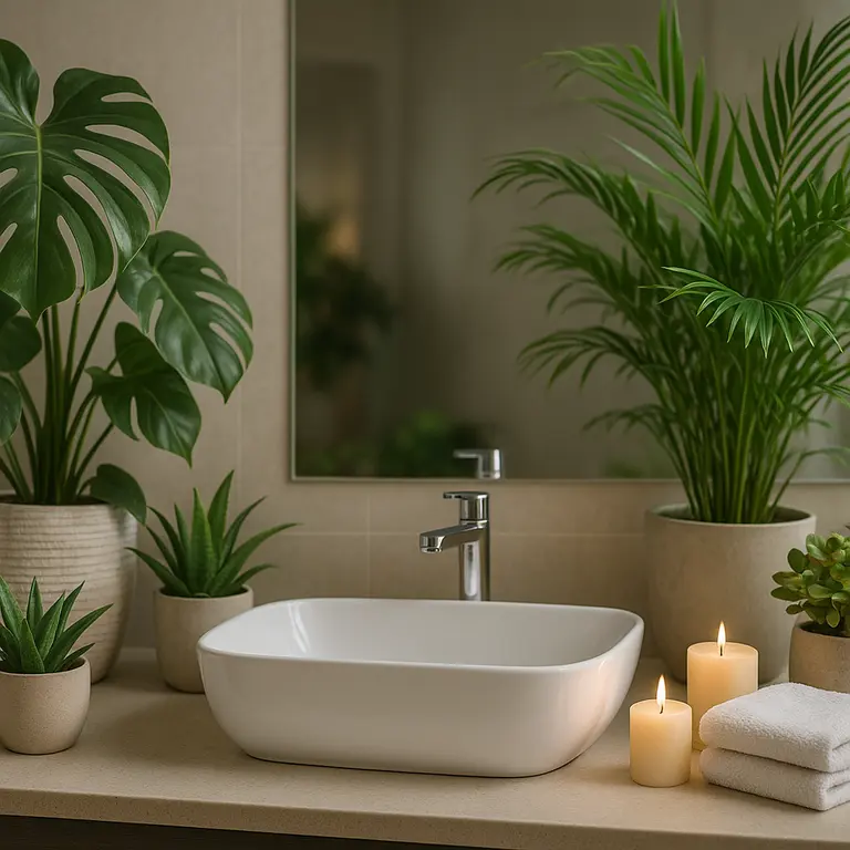 Banheiro moderno com plantas verdes decorando lavabo estilo spa