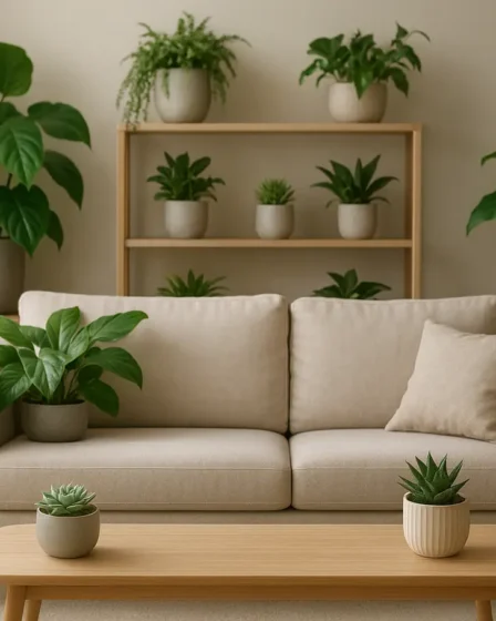 plantas para decorar sala moderna 1 Sala de estar moderna decorada com samambaias suculentas e filodendros em vasos sobre prateleiras mesas e cantos